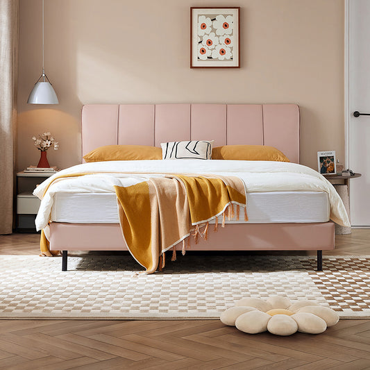 Pink Platform Bed with Faux Leather Upholstered Headboard