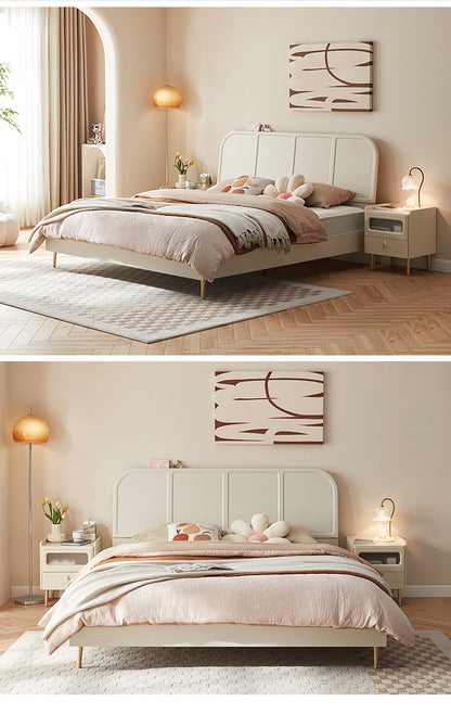 Cream-Colored Wooden Double Bed with Classic Charm and Comfort