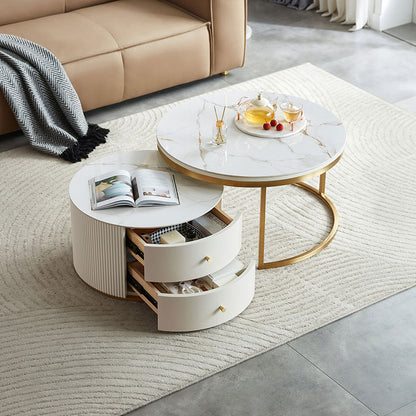现代白色咖啡桌圆形 2 件套，大理石台面