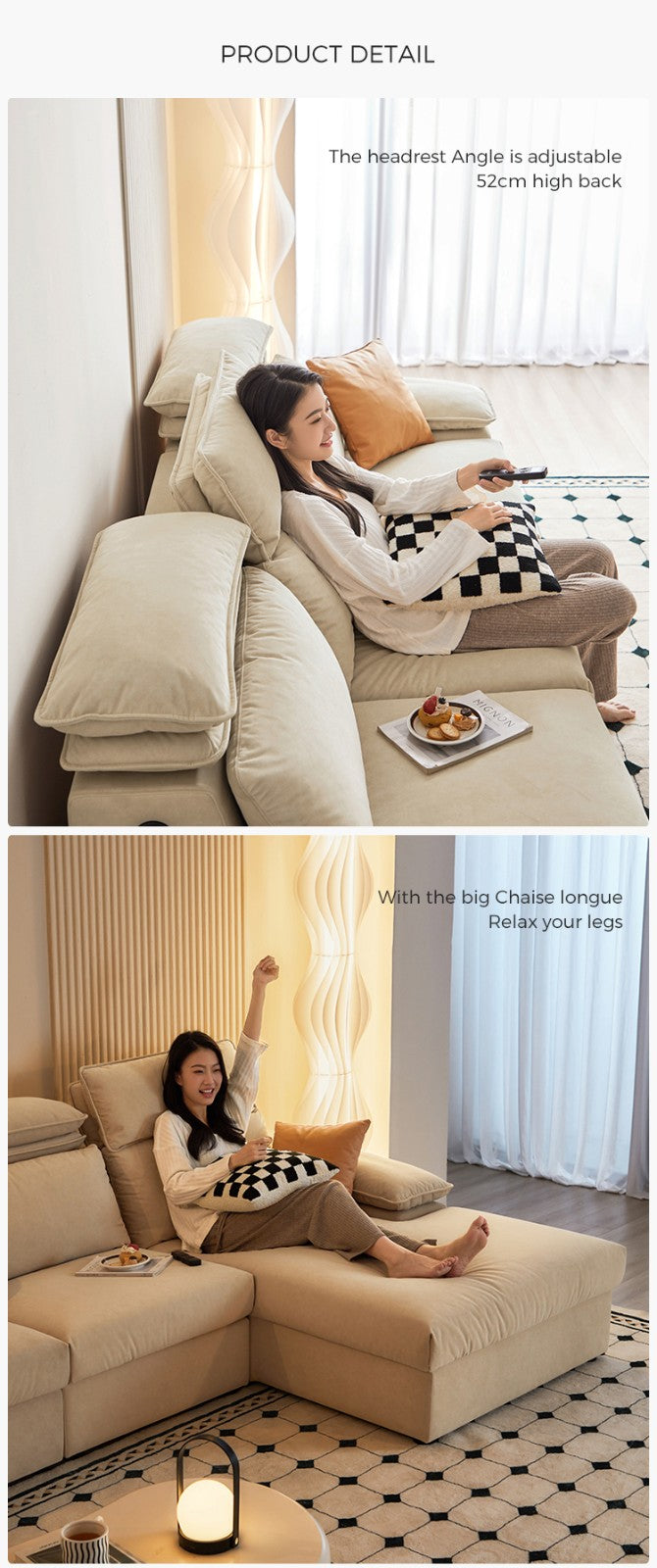 客厅组合式布艺沙发，带可调节头枕