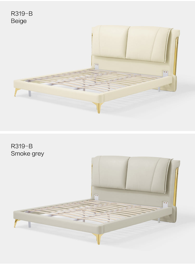 Mid-Century Gold and White Bed Frame with Solid Upholstered Bed