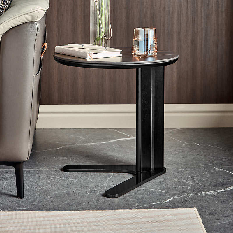 现代圆形烧结石嵌套木咖啡桌，带灰色抽屉